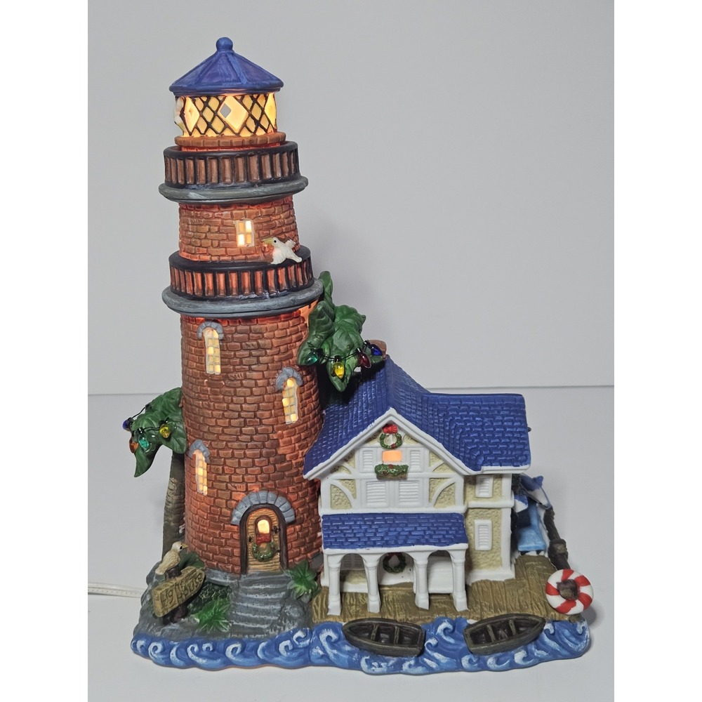 Coastal Christmas Village Light Up Lighthouse Palm Trees Tropical Nautical Rare